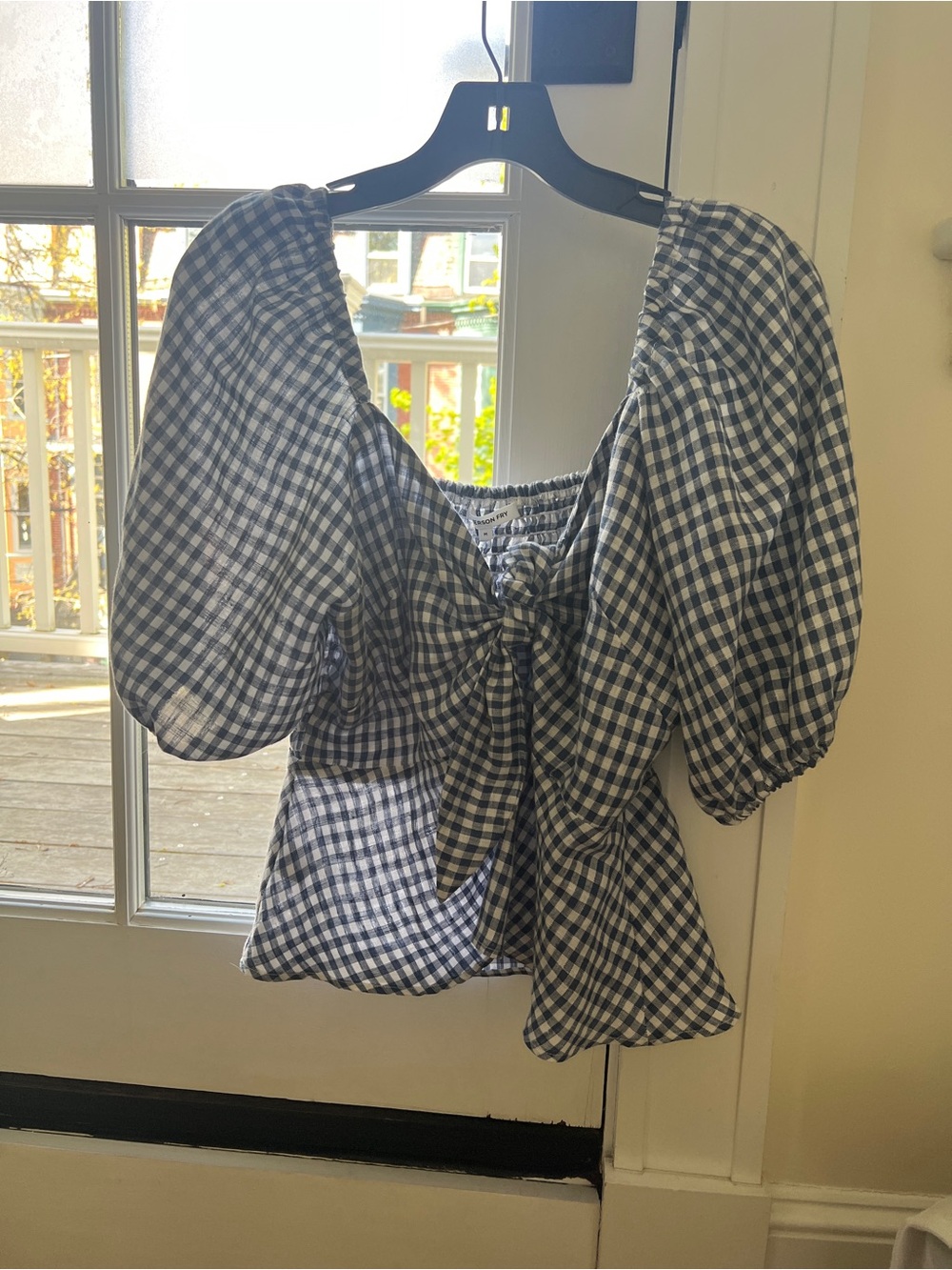Emerson Fry Blue and White Gingham Tie-Front Puff Sleeve Linen Top